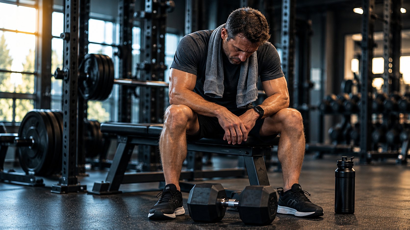 A man sits slumped on a gym bench with a towel around his neck, dumbbells at his feet.